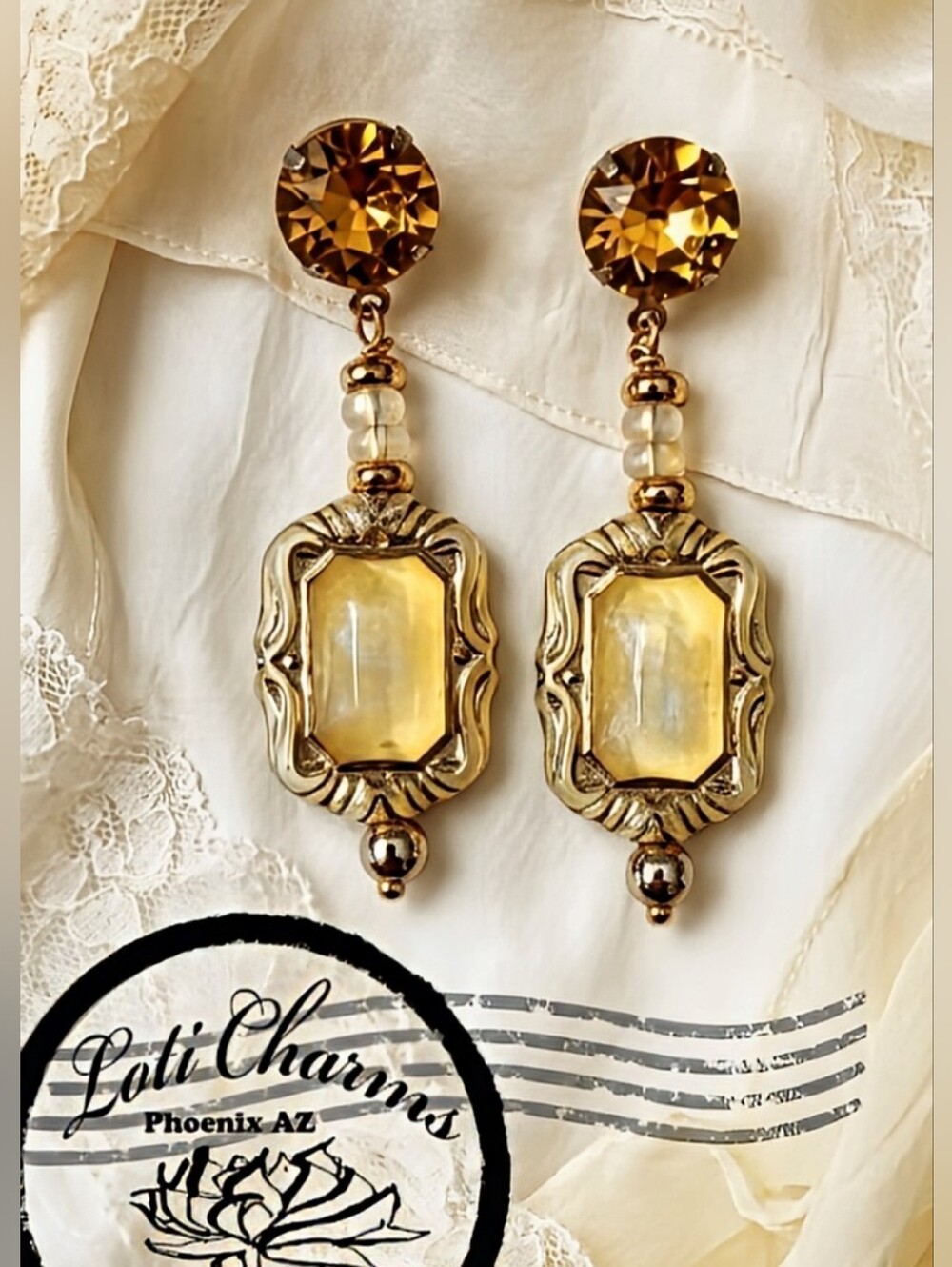 Victorian Yellow Opalite Milky & Swarovski Crystal w/ Yellow Opal Earrings